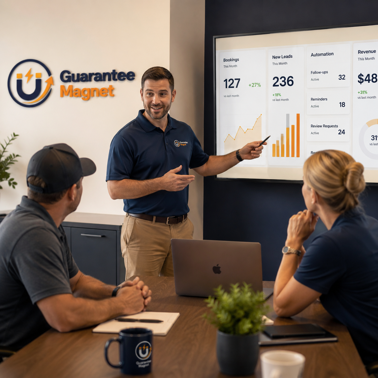 HVAC business owner reviewing bookings, leads, automation, and revenue dashboard