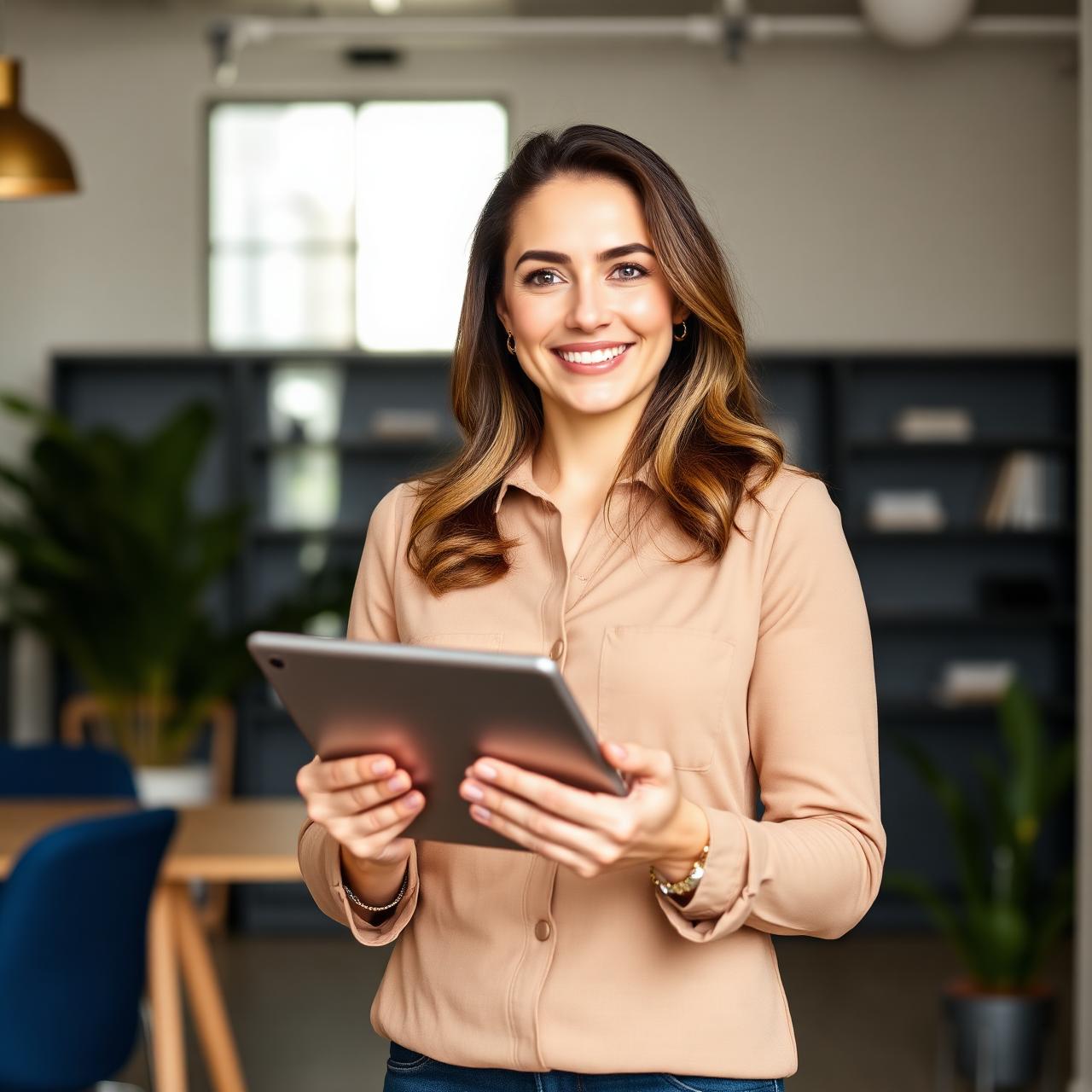 A service business owner reviewing growth systems on her tablet